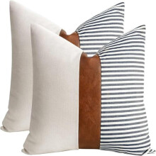 Fundas de almohada decorativas de 45x45 cm (2 unidades) – Parches de piel sintética/lino marrón a rayas blancas y azul marino, compatibles con