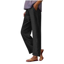 Calça feminina casual de pernas largas com cintura elástica e cordão, em mistura de algodão, poliéster e elastano, com bolsos laterais, tamanhos