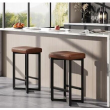 Lot de 2 tabourets de bar de 62,5 cm (24,6 po) de hauteur comptoir, cuir PU, structure en métal, repose-pieds, sans dossier, marron vintage –