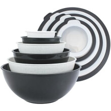 Mixing Bowls with TPR Lids - 12 Piece Plastic Nesting Bowls Set includes 6 Prep Bowls and 6 Lids, Microwave Safe Mixing Bowl Set (Black and White)