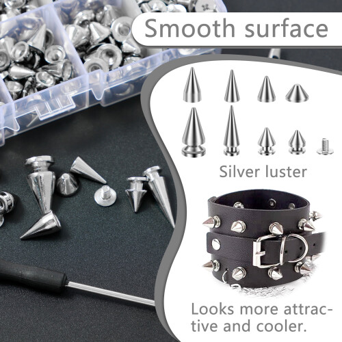 Κιτ Ikopy359 τεμαχίων Punk Spikes & Studs – Ασημένια πριτσίνια από κράμα ψευδαργύρου, 8 1