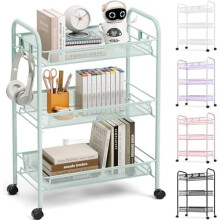 3-Tier Metal Rolling Cart with Mesh Shelves, 3 Hooks & Wheels – Compatible with Kitchen, Bathroom, Laundry Room