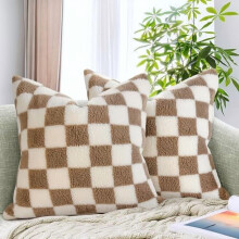 Pack of 2 Decorative Throw Pillow Covers Checkerboard Luxury Super Soft Faux Fur Wool Set Case Cushion for Couch Sofa Bedroom 20 x 20-Inch Camel
