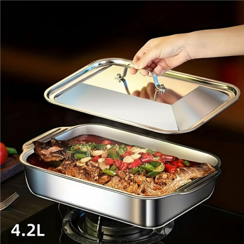 Stainless Steel Rectangular Deep Tray with Handle Rust-Proof Multi-Purpose Food Storage Tray for Kitchen Use Tools 1