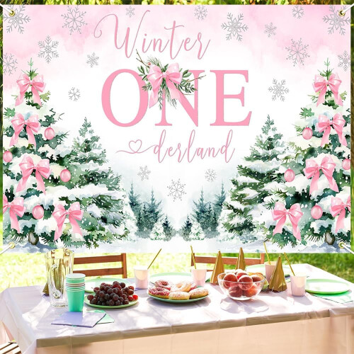 Φόντο Winter Onederland Ροζ Φιόγκος Ασημί Χιονονιφάδα 2