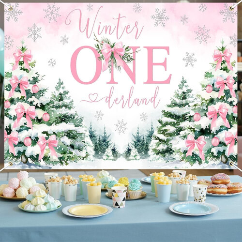 Φόντο Winter Onederland Ροζ Φιόγκος Ασημί Χιονονιφάδα 1