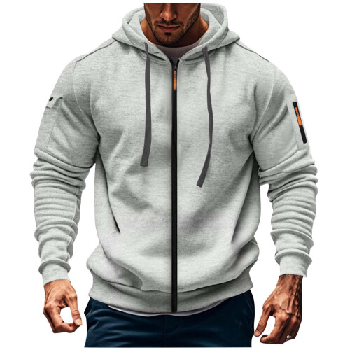 Moletom masculino liso com bolso com zíper e cordão.