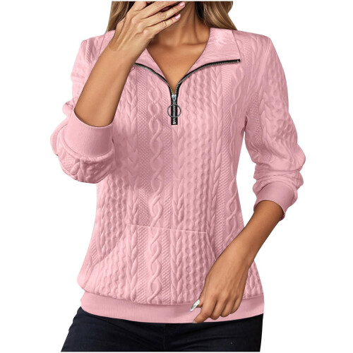 Women's pink crewneck sweatshirt long sleeve half-zip