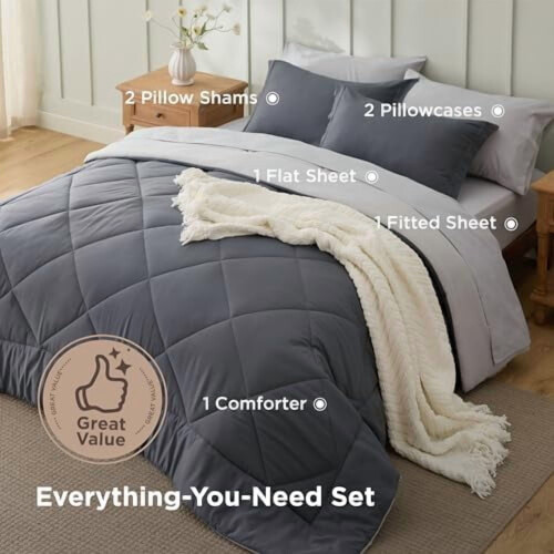 Ensemble de couette réversible Queen gris foncé 7 pièces 1