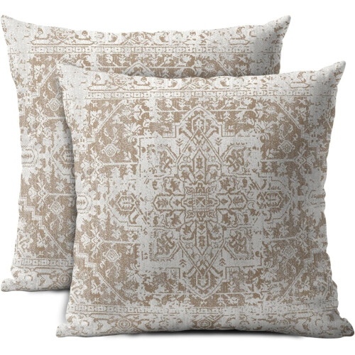 Μαξιλαροθήκες Boho Ethnic 16x16" Σετ 2 τεμαχίων, καφέ και λευκές γεωμετρικές