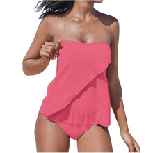 Bandeau tankini's voor dames, sportieve tweedelige badpakken met bloemenprint, effen kleur, strandkleding set, felroze.