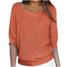 Dreiviertelärmel-Pullover in Übergrößen für Damen, lässiger, einfarbiger Strickpullover mit Rundhalsausschnitt, leicht, orange, Größen S-5XL