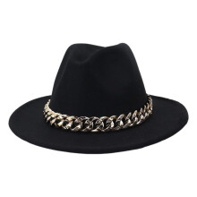 Elegante fedora hoed met brede rand en ketting, Britse maat, voor dames, zwart