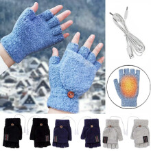 Unisex USB-beheizbare Strickhandschuhe, Fingerwärmer (ganze und halbe Finger) mit Knopf, waschbar, Winterheizhandschuhe für Damen und Herren (Grün)