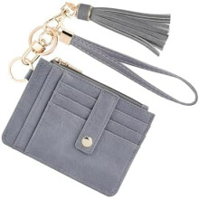 Portemonnee, slanke RFID-creditcardhouder met polsbandje en sleutelhanger, grijs (unisex, PU-leer, 8 kaartsleuven, RFID-bescherming, modieuze kwast)