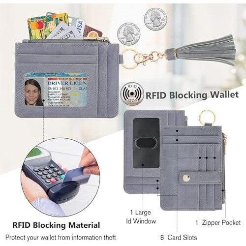Πορτοφόλι, λεπτή θήκη πιστωτικών καρτών RFID με μπρελόκ για το βραχιόλι, γκρι (Unisex, 2