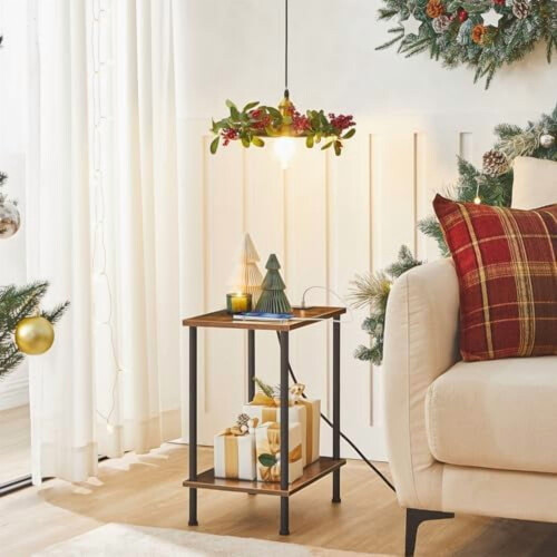 Side Table with Charging Station Rustic Brown 2-Tier 1