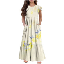 Abito lungo casual a quadri elegante per bambine Mikilon 6-12 anni, maniche corte, con tasche, ideale per le vacanze.