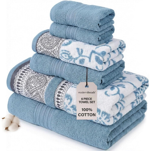 Ensemble de serviettes Ophelia bleu jacquard/uni 6 pièces