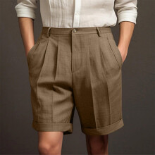 Pantalones cortos casuales para hombre, pantalones cortos plisados hasta la rodilla con cierre de botón y cremallera, color liso, transpirables,