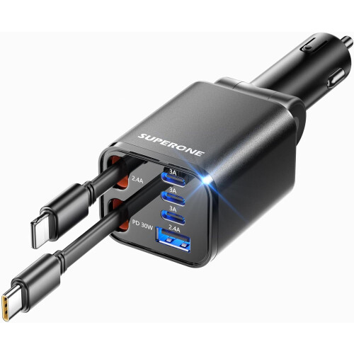 Încărcător auto retractabil USB-C de 99 W cu 2 cabluri