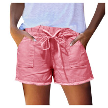 Shorts jeans femininos, shorts jeans de cintura alta para o verão, shorts jeans femininos de corte médio, estilo cargo, rosa.