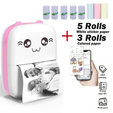 Mini Portable Bluetooth Thermal Printer, Mobile Photo Pocket Printer, Android/iOS Compatible, 8 Paper Rolls - Pink