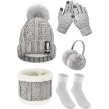 Dameswinterkledingset - muts, sjaal, handschoenen, oorklep, sokken - grijs