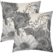 Vintage bloemenkussenhoezen 20x20 inch, set van 2, zwart/wit/grijs bladmotief – rustieke vierkante sierkussens voor bank, woonkamer, veranda, buiten