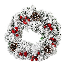 Hópelyhes, pelyhes fehér karácsonyi koszorú ajtóra, kandallóra, asztalra – beltéri/kültéri téli ünnepi dekoráció
