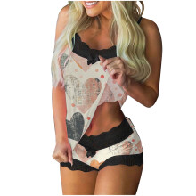 Dames Valentijnsnachtkleding set: Cami en short met hartjesprint, kanten afwerking, polyester-spandex, zachte melkzijde, plus size S-2XL