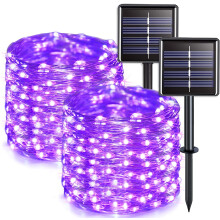 Solar lichtslinger voor buiten, 10 meter, 100 LED's, koperdraad, 8 standen, waterdicht, paars – 2 stuks, compatibel met zonnepanelen
