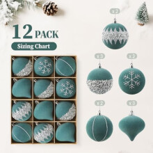 12ct Velvet Glitter Christmas Ornaments, 3.15" Shatterproof Plastic Baubles, Flocked Xmas Tree Decor (Silver & Blue, 80mm)