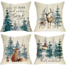 Conjunto de 4 capas de almofada 45x45cm com estampa de floresta nevada, cardeal, veado, raposa e coelho – Decoração natalina estilo fazenda,