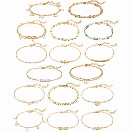 Pulseiras de tornozelo femininas douradas e prateadas, dois estilos ajustáveis.