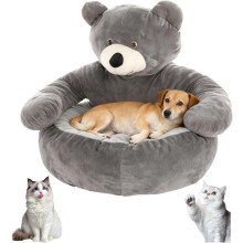 Teddybär-Hundebett mit Armlehnen, Teddybär-Hundebett, niedliches, weiches, warmes, rutschfestes Plüsch-Kuschelbär-Haustierbett, abnehmbar,