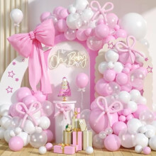 Kit d'arche de ballons rose et blanc – Ballons longs en latex transparent rose pâle, nœud rose clair pour anniversaire, baby shower, mariage,