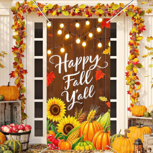 Κάλυμμα πόρτας Happy Fall – Φόντο για την Ημέρα των Ευχαριστιών 71x35" με κολοκύθα,