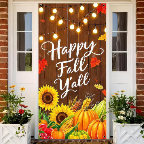 Κάλυμμα πόρτας Happy Fall – Φόντο για την Ημέρα των Ευχαριστιών 71x35" με κολοκύθα, 1