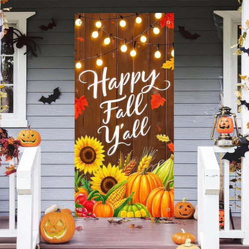 Κάλυμμα πόρτας Happy Fall – Φόντο για την Ημέρα των Ευχαριστιών 71x35" με κολοκύθα, 2