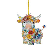 Easter Highland Cow Decor - 4PCS Ceramic & Glass Hanging Ornaments with Chandelier Crystals, Seasonal Farmhouse Pendants for Home, Garden, and Car