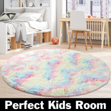 Fluffy Tie Dye Round Rug for Girls' Bedroom, Kids' Room, Nursery & Dorm – Furry Shaggy Plush Area Rug, Cute Decor (Compatible with All Floors)