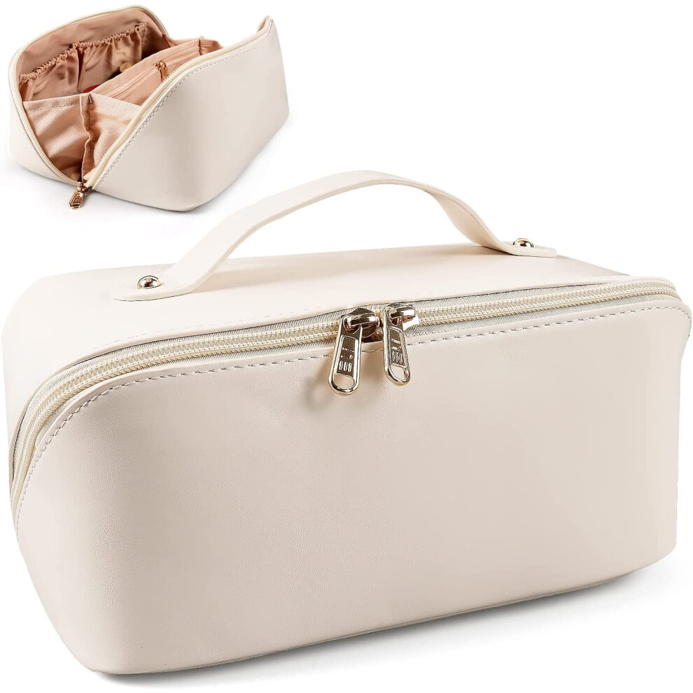 White Large Capacity Cosmetic Bag With Handle & Compartments, Portable Zipper Toiletry/Makeup Bag For Women & Girls (White)