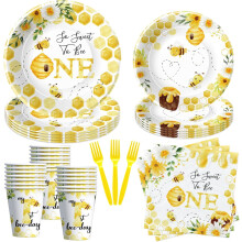 Bee 1st Birthday Party Supplies – Bumble Theme Decor, Plates, Cups, Napkins, Forks | Serves 24