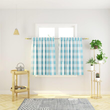 Cortinas de cozinha xadrez búfalo, 91 cm de comprimento, com bolso para varão, azul celeste e branco, 2 painéis, compatíveis com varões padrão.
