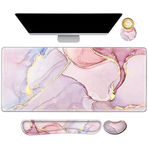 Gaming Mouse Pad με στήριγμα καρπού Μωβ-Ροζ Μάρμαρο 90x40εκ.