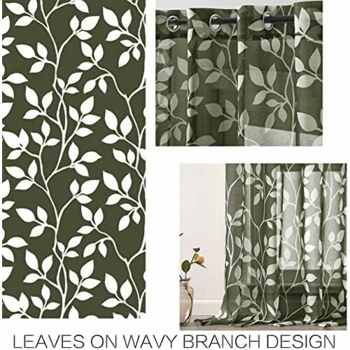 Dark Green Leaf Print Sheer Curtains, 63" L, 2 Panels 2