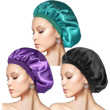 Packen Sie Satin-Nachthauben mit Gummizug für langes Haar ein, um lockiges Haar zu schützen (Schwarz, Lila, Cyan)
