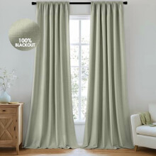 100% Blackout Curtains 90" L, 2 Panels, Faux Linen, Sage Green, Back Tab Pleat, Compatible with Standard Hooks