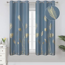 Stone Blue Blackout Curtains with Gold Palm Pattern 38"x63"